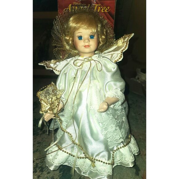 Vintage Porcelain Angel with‎ Ivory and Gold Lace Outfit,  17" in Original Box - Picture 1 of 10
